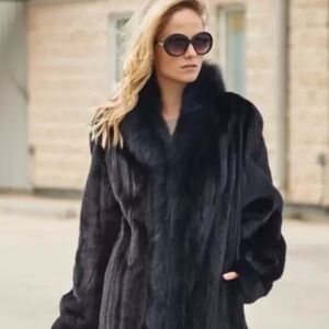 Authentic NWT Elegant Black luxurious Mink with silky Fox Fur tuxedo edging. WOW